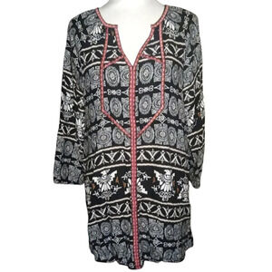 Ali Miles Southwestern Print Embroidered Split V Neck Tunic Top Size Large